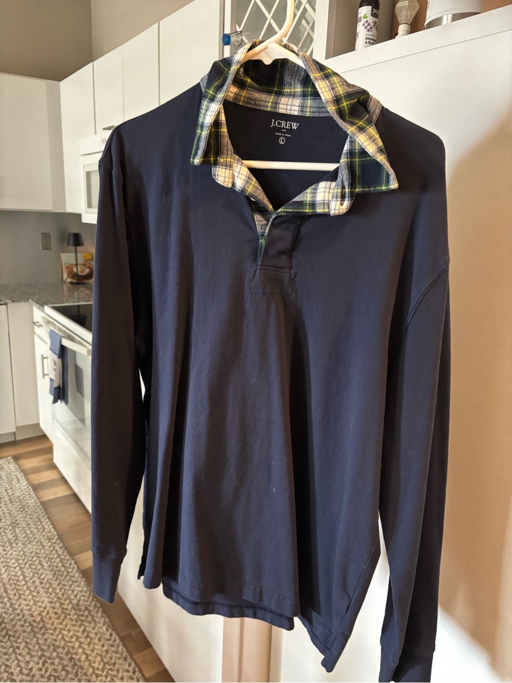 J.Crew Navy Long-Sleeve Polo with Plaid Collar